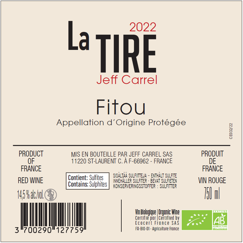 LA TIRE vin Rouge by Jeff Carrel Etiquette